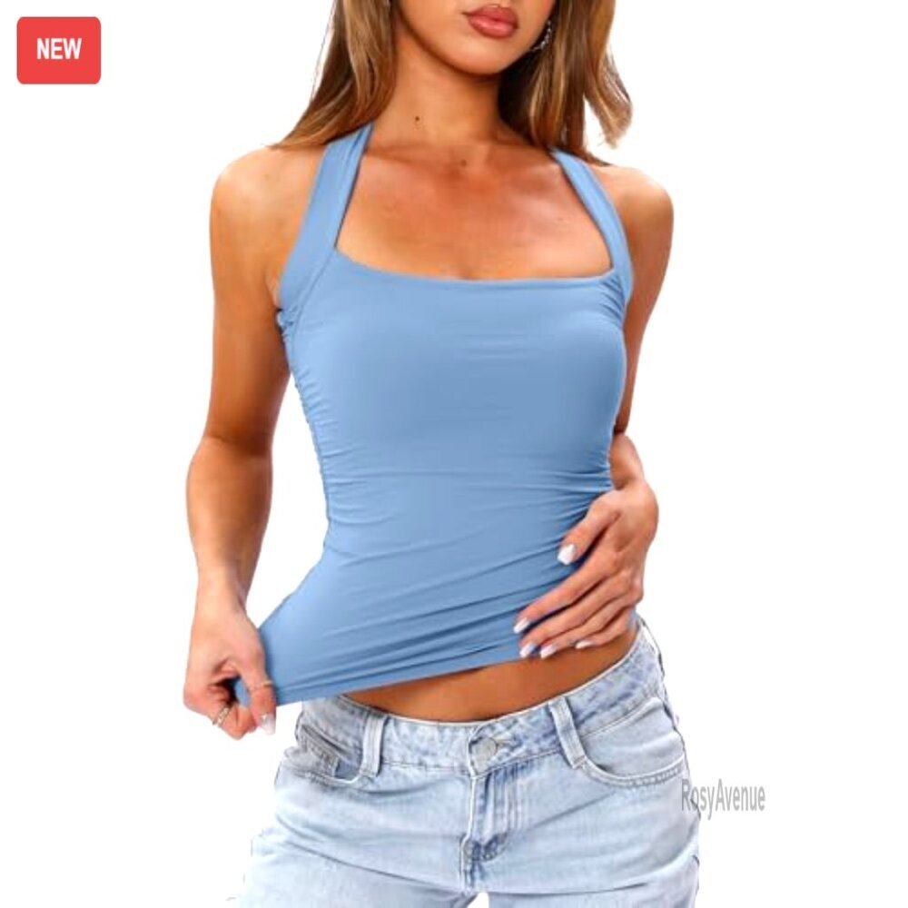 Women's Halter Tank Top with Built-in Bra, Double Lined, Backless, Y2K Style - Picture 6 of 8